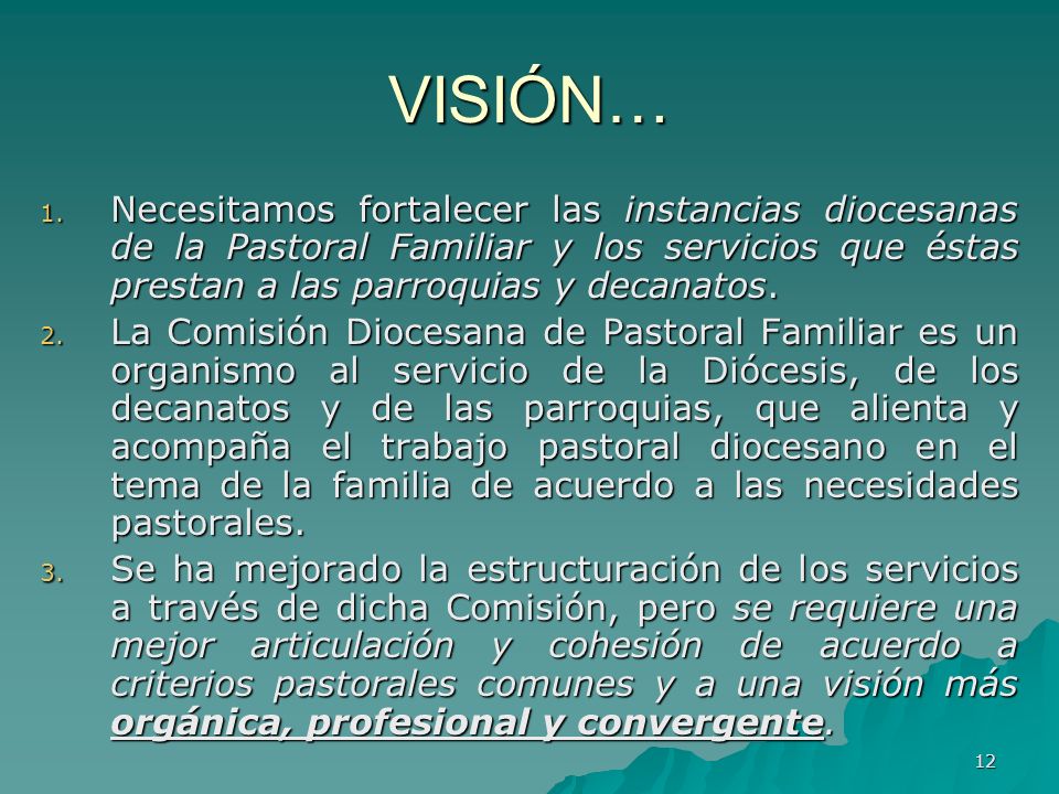 VISIÓN… Necesitamos fortalecer las instancias diocesanas de la Pastoral Familiar y los servicios que éstas prestan a las parroquias y decanatos.
