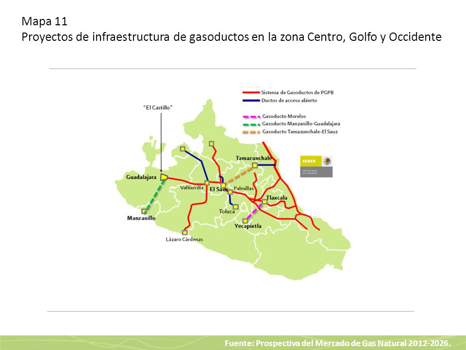 Mapa 11 Proyectos de infraestructura de gasoductos en la zona Centro, Golfo y Occidente