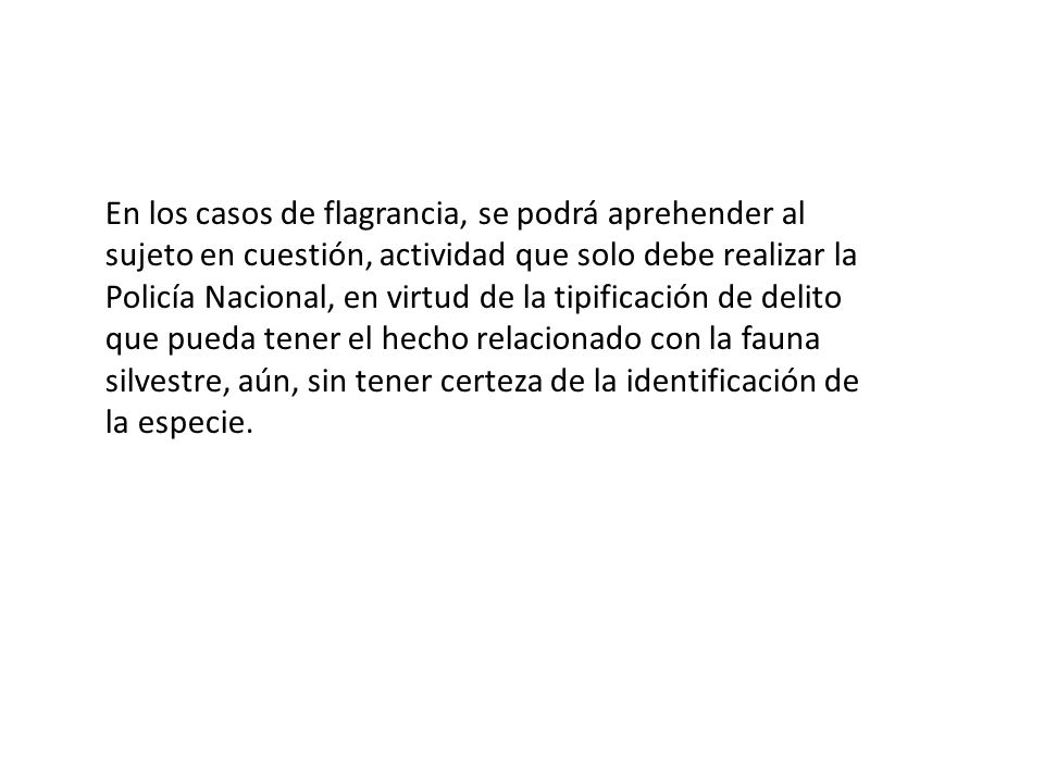 En los casos de flagrancia, se podrá aprehender al sujeto en cuestión, actividad que solo debe realizar la Policía Nacional, en virtud de la tipificación de delito que pueda tener el hecho relacionado con la fauna silvestre, aún, sin tener certeza de la identificación de la especie.
