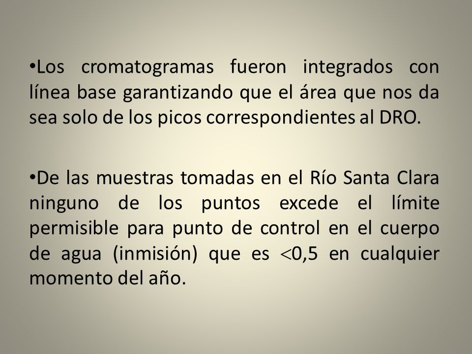Los cromatogramas fueron integrados con línea base garantizando que el área que nos da sea solo de los picos correspondientes al DRO.