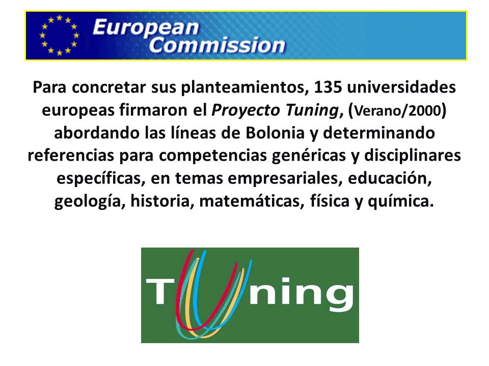 Para concretar sus planteamientos, 135 universidades europeas firmaron el Proyecto Tuning, (Verano/2000) abordando las líneas de Bolonia y determinando referencias para competencias genéricas y disciplinares específicas, en temas empresariales, educación, geología, historia, matemáticas, física y química.