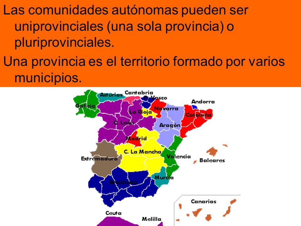 Las comunidades autónomas pueden ser uniprovinciales (una sola provincia) o pluriprovinciales.