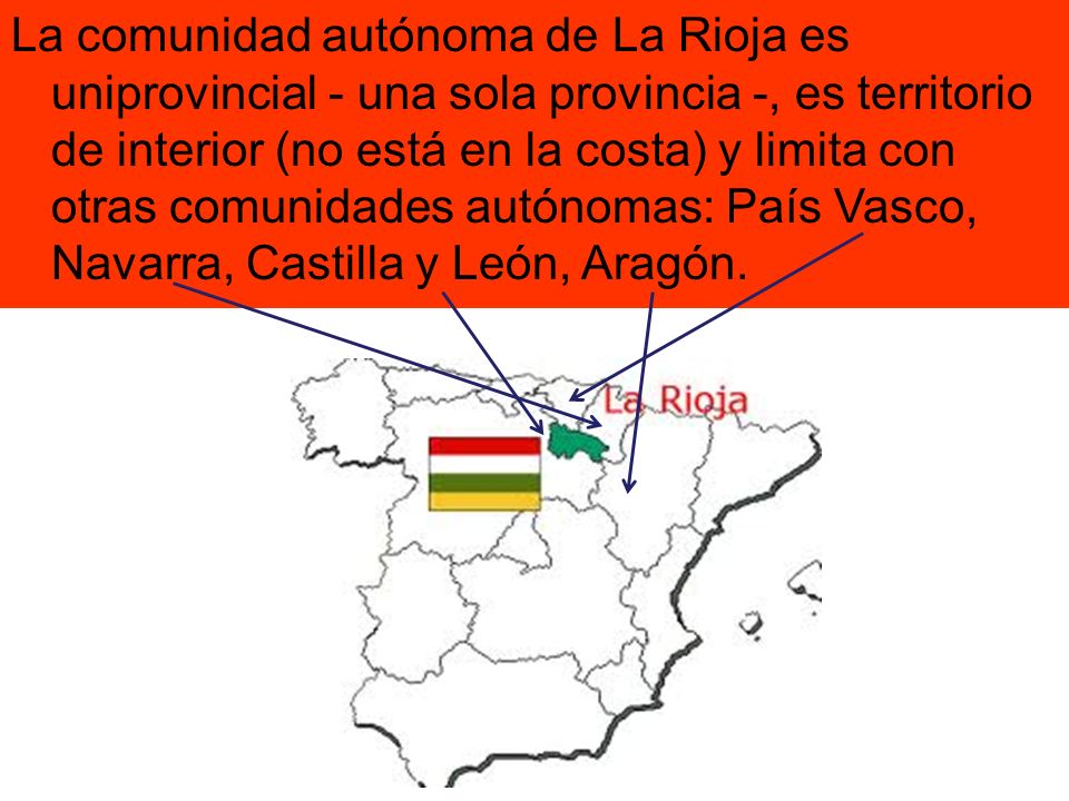 La comunidad autónoma de La Rioja es uniprovincial - una sola provincia -, es territorio de interior (no está en la costa) y limita con otras comunidades autónomas: País Vasco, Navarra, Castilla y León, Aragón.