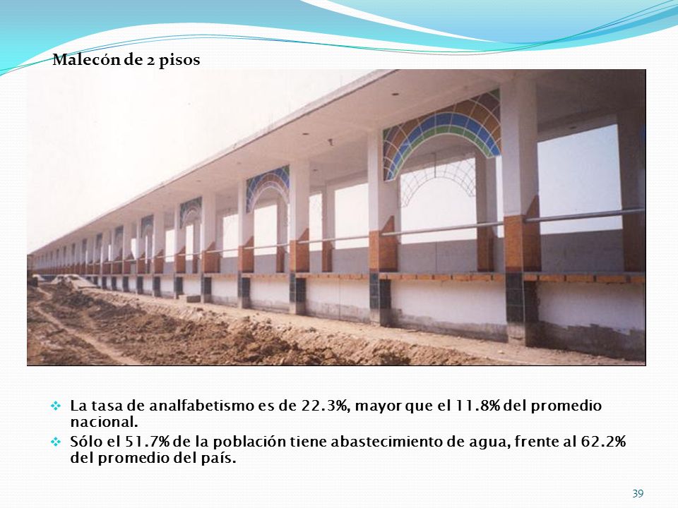 Malecón de 2 pisos La tasa de analfabetismo es de 22.3%, mayor que el 11.8% del promedio nacional.