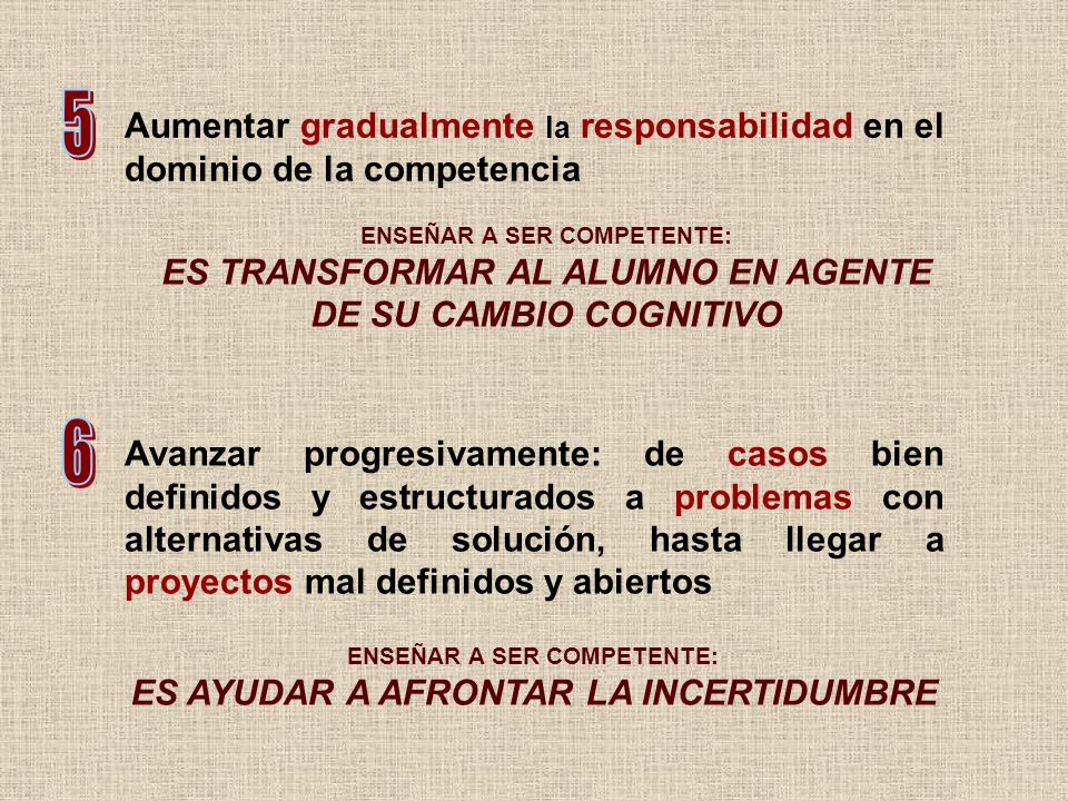 5 Aumentar gradualmente la responsabilidad en el dominio de la competencia. ENSEÑAR A SER COMPETENTE: