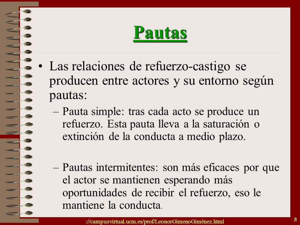 Pautas Las relaciones de refuerzo-castigo se producen entre actores y su entorno según pautas: