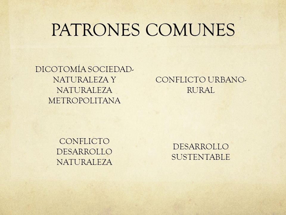 PATRONES COMUNES DICOTOMÍA SOCIEDAD- NATURALEZA Y NATURALEZA METROPOLITANA. CONFLICTO URBANO- RURAL.