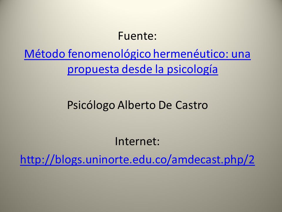 Fuente: Método fenomenológico hermenéutico: una propuesta desde la psicología Psicólogo Alberto De Castro Internet: