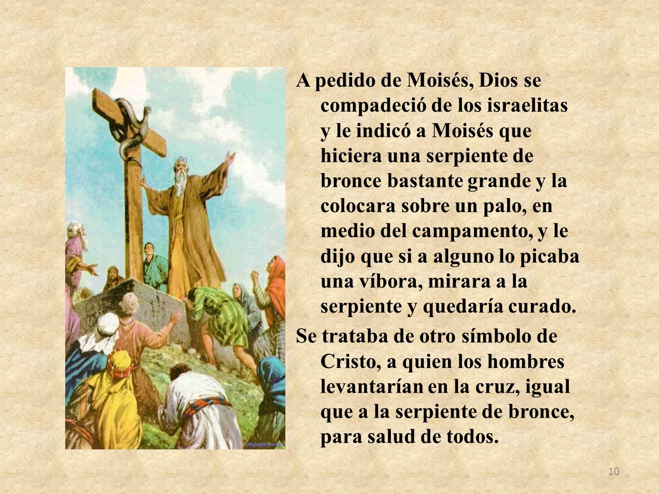 A pedido de Moisés, Dios se compadeció de los israelitas y le indicó a Moisés que hiciera una serpiente de bronce bastante grande y la colocara sobre un palo, en medio del campamento, y le dijo que si a alguno lo picaba una víbora, mirara a la serpiente y quedaría curado.