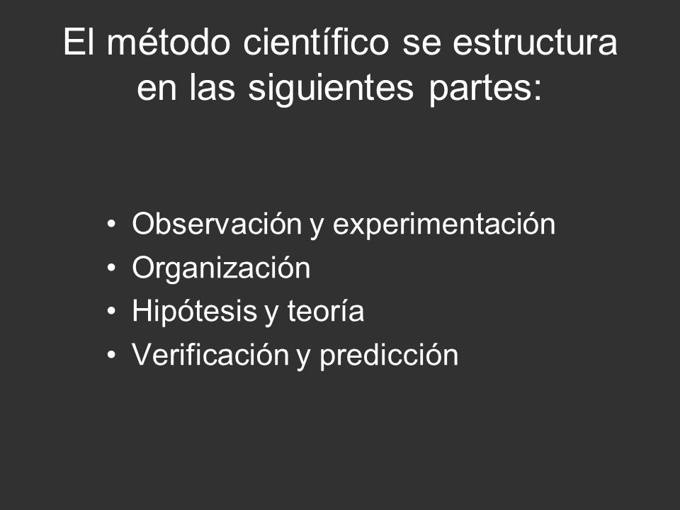 El método científico se estructura en las siguientes partes: