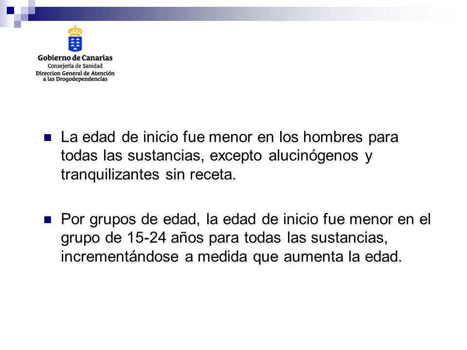 La edad de inicio fue menor en los hombres para todas las sustancias, excepto alucinógenos y tranquilizantes sin receta.
