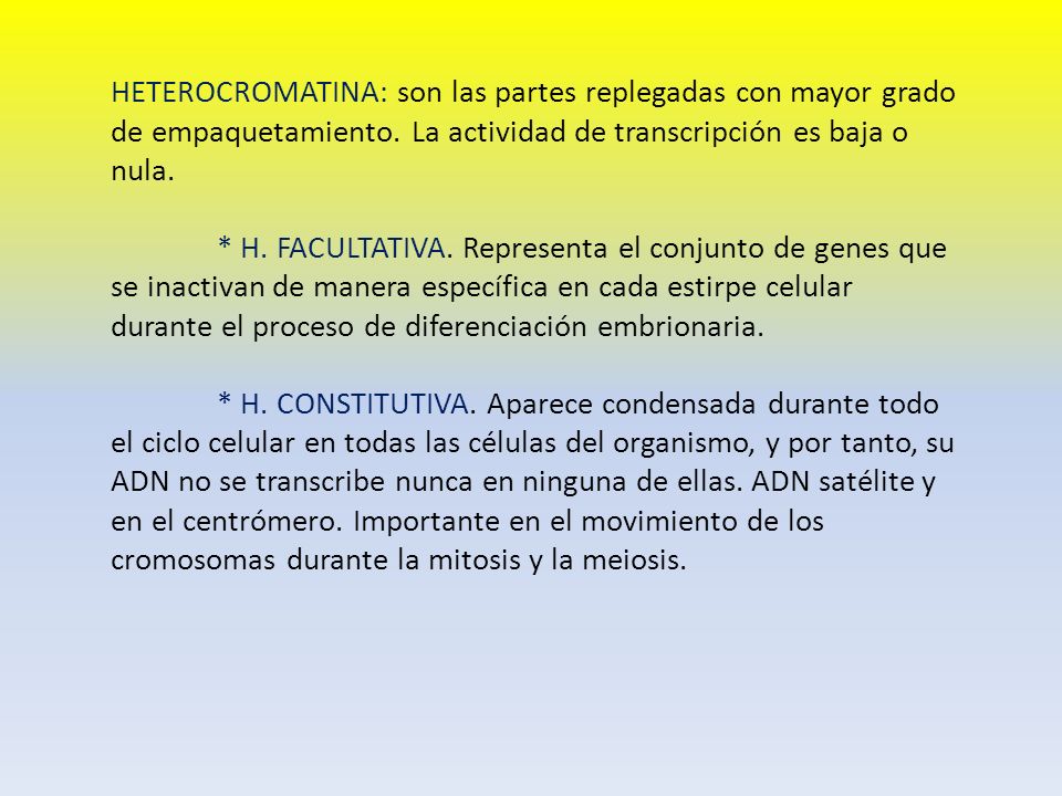 HETEROCROMATINA: son las partes replegadas con mayor grado de empaquetamiento. La actividad de transcripción es baja o nula.