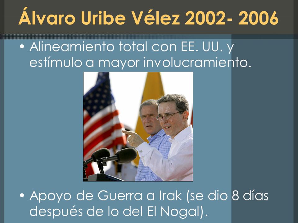 Álvaro Uribe Vélez Alineamiento total con EE. UU. y estímulo a mayor involucramiento.