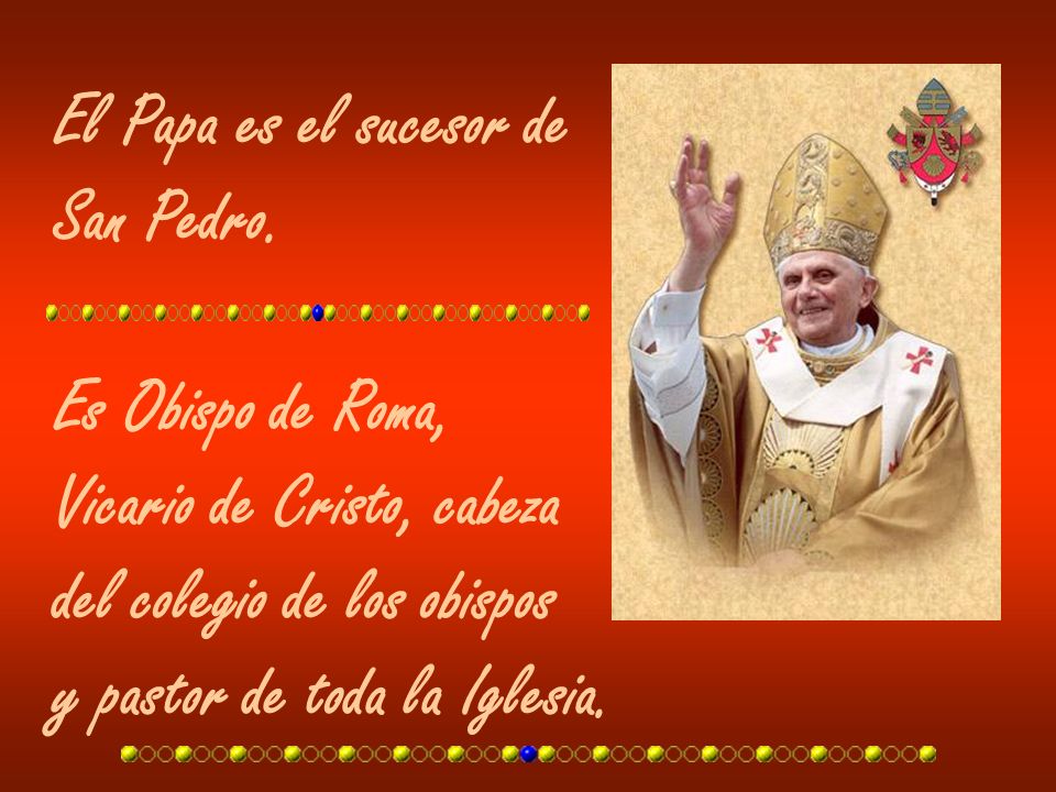 El Papa es el sucesor de San Pedro. Es Obispo de Roma, Vicario de Cristo, cabeza. del colegio de los obispos.