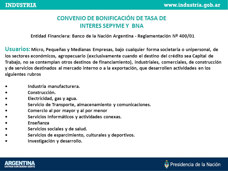 CONVENIO DE BONIFICACIÓN DE TASA DE INTERES SEPYME Y BNA