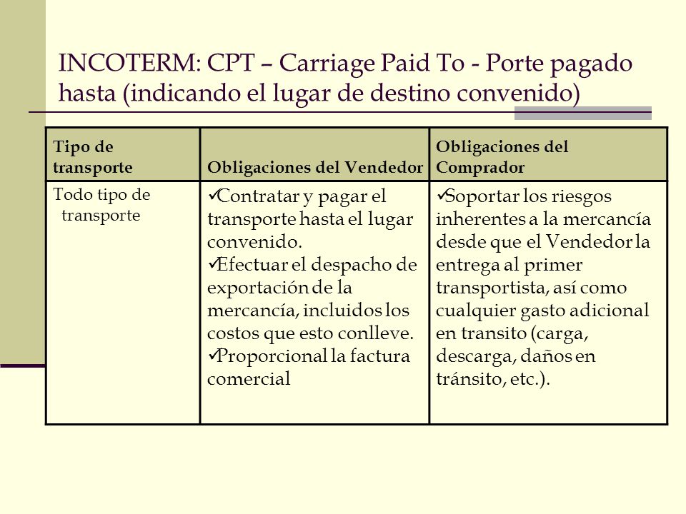 INCOTERM: CPT – Carriage Paid To - Porte pagado hasta (indicando el lugar de destino convenido)