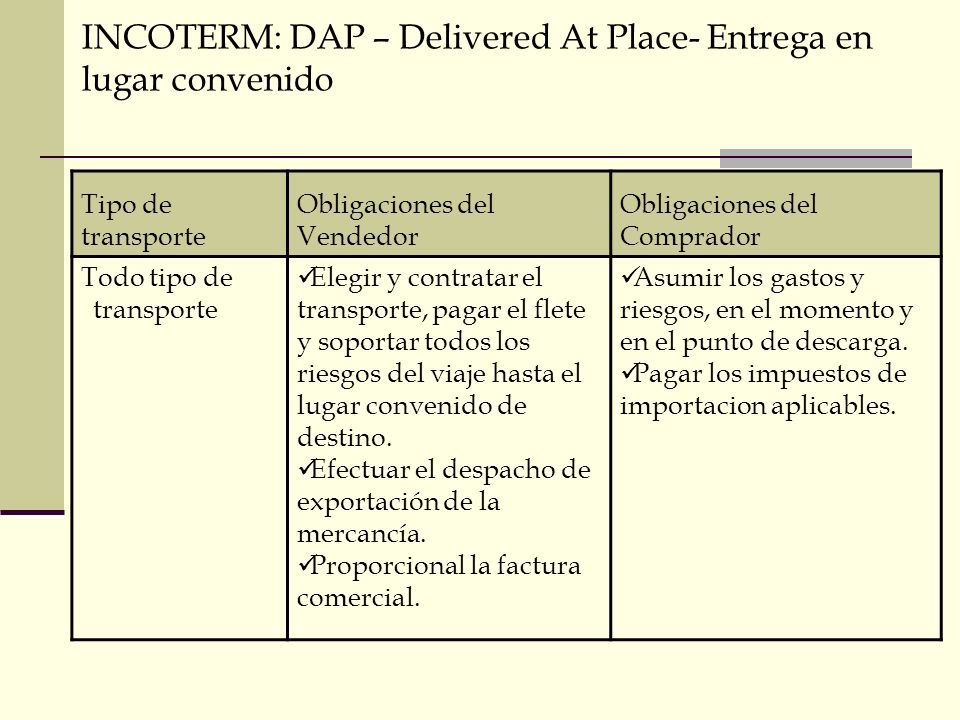 INCOTERM: DAP – Delivered At Place- Entrega en lugar convenido
