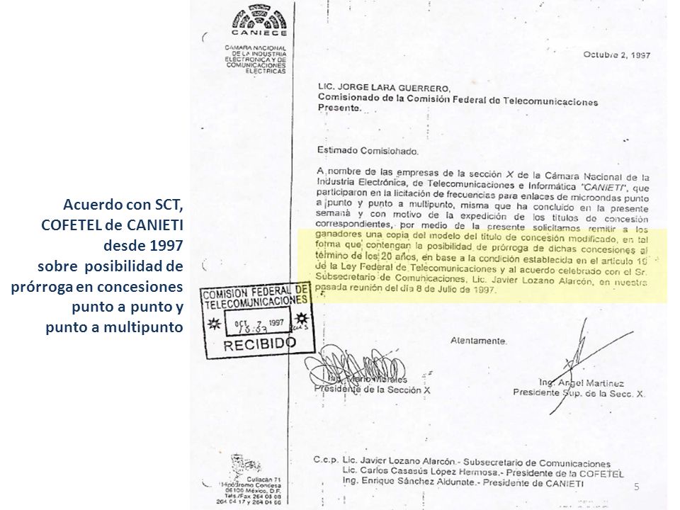 Acuerdo con SCT, COFETEL de CANIETI desde 1997