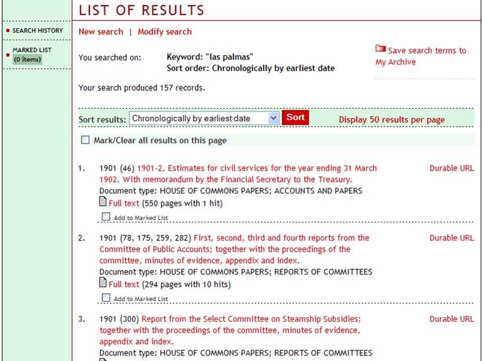 As a sample search in the keyword field las palmas has found 157 records in the 20th century collection.