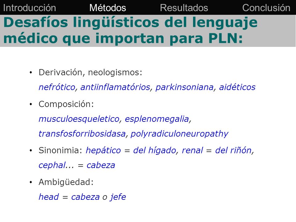 Desafíos lingüísticos del lenguaje médico que importan para PLN:
