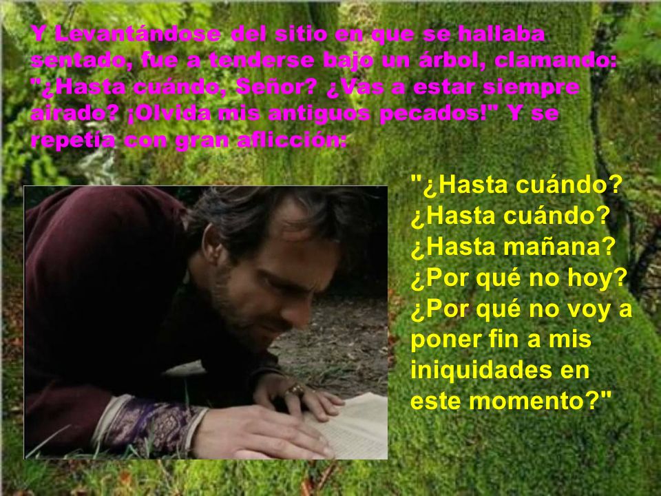 Y Levantándose del sitio en que se hallaba sentado, fue a tenderse bajo un árbol, clamando: ¿Hasta cuándo, Señor ¿Vas a estar siempre airado ¡Olvida mis antiguos pecados! Y se repetía con gran aflicción: