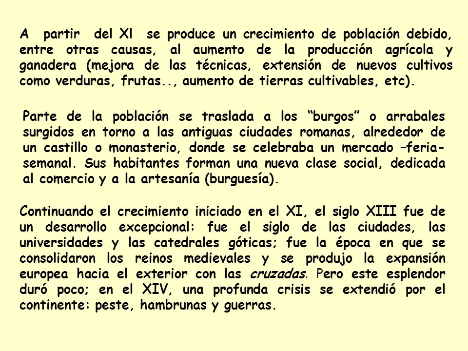 A partir del Xl se produce un crecimiento de población debido, entre otras causas, al aumento de la producción agrícola y ganadera (mejora de las técnicas, extensión de nuevos cultivos como verduras, frutas.., aumento de tierras cultivables, etc).
