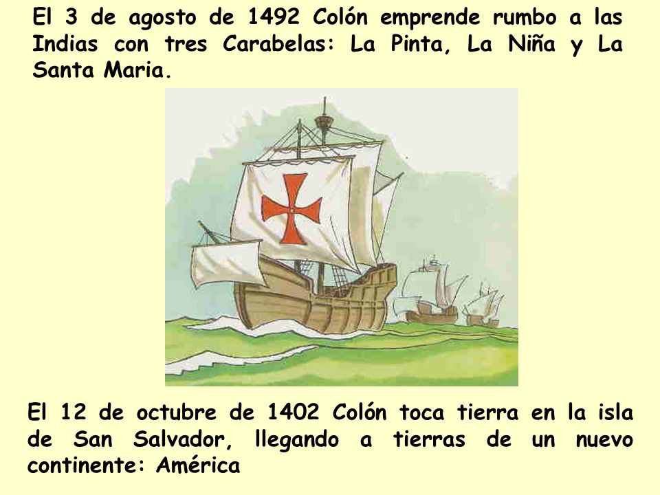 El 3 de agosto de 1492 Colón emprende rumbo a las Indias con tres Carabelas: La Pinta, La Niña y La Santa Maria.