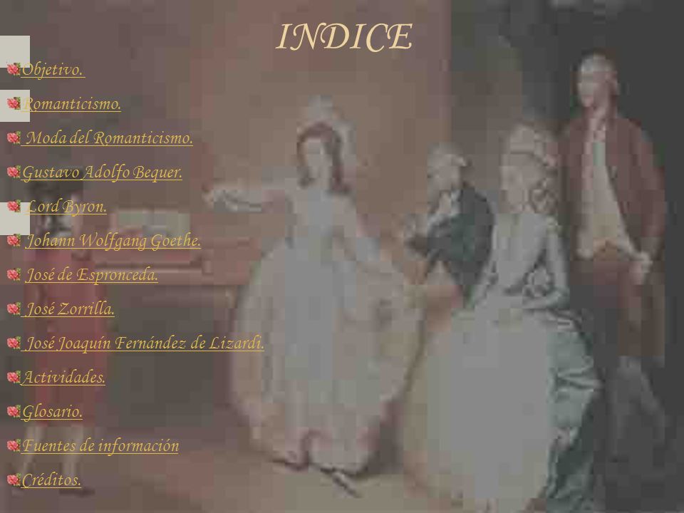 INDICE Objetivo. Romanticismo. Moda del Romanticismo.