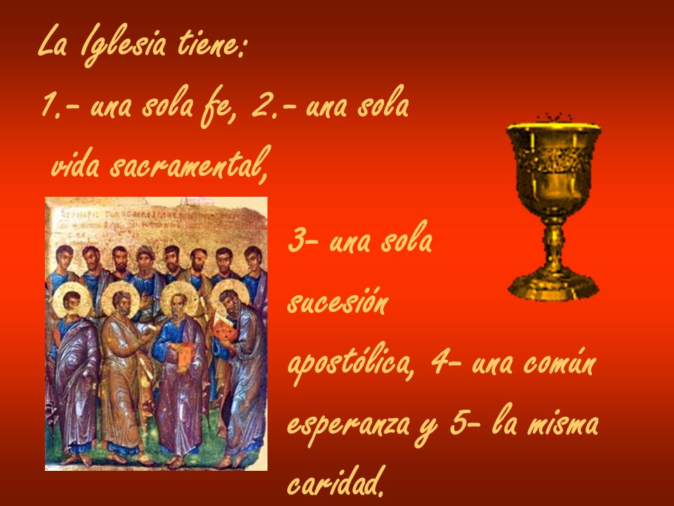 La Iglesia tiene: 1.- una sola fe, 2.- una sola. vida sacramental, 3- una sola. sucesión. apostólica, 4- una común.