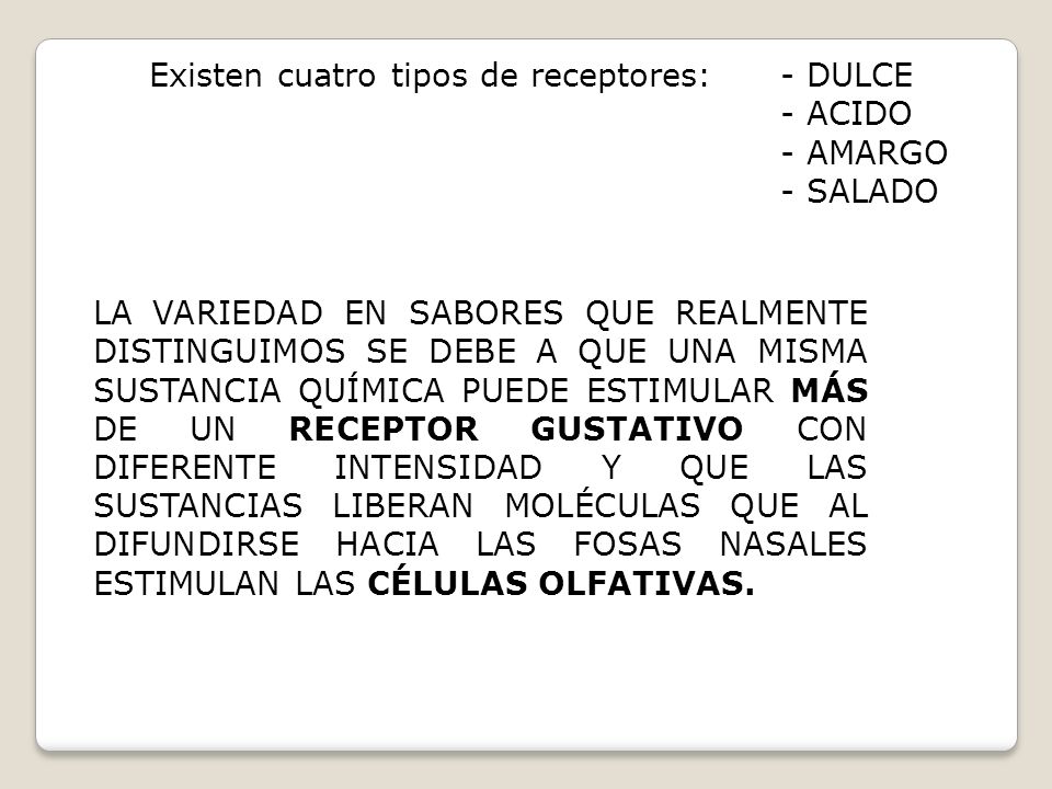 Existen cuatro tipos de receptores: - DULCE - ACIDO - AMARGO - SALADO