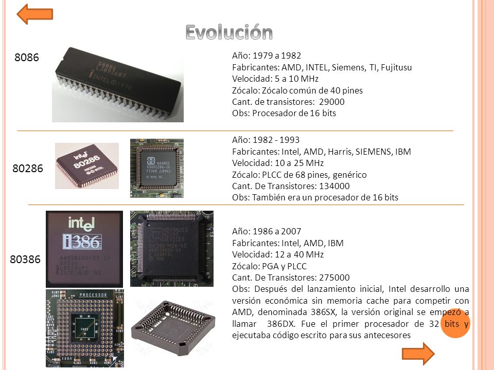 Evolución Año: 1979 a Fabricantes: AMD, INTEL, Siemens, TI, Fujitusu. Velocidad: 5 a 10 MHz.