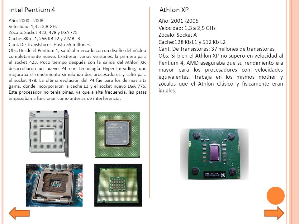 Intel Pentium 4 Athlon XP Año: Velocidad: 1,3 a 2,5 GHz