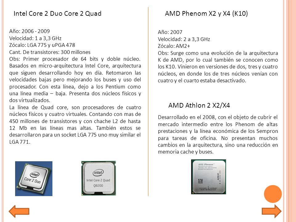 Intel Core 2 Duo Core 2 Quad AMD Phenom X2 y X4 (K10)