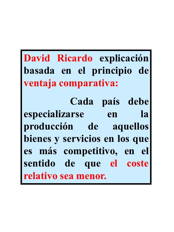 David Ricardo explicación basada en el principio de ventaja comparativa: