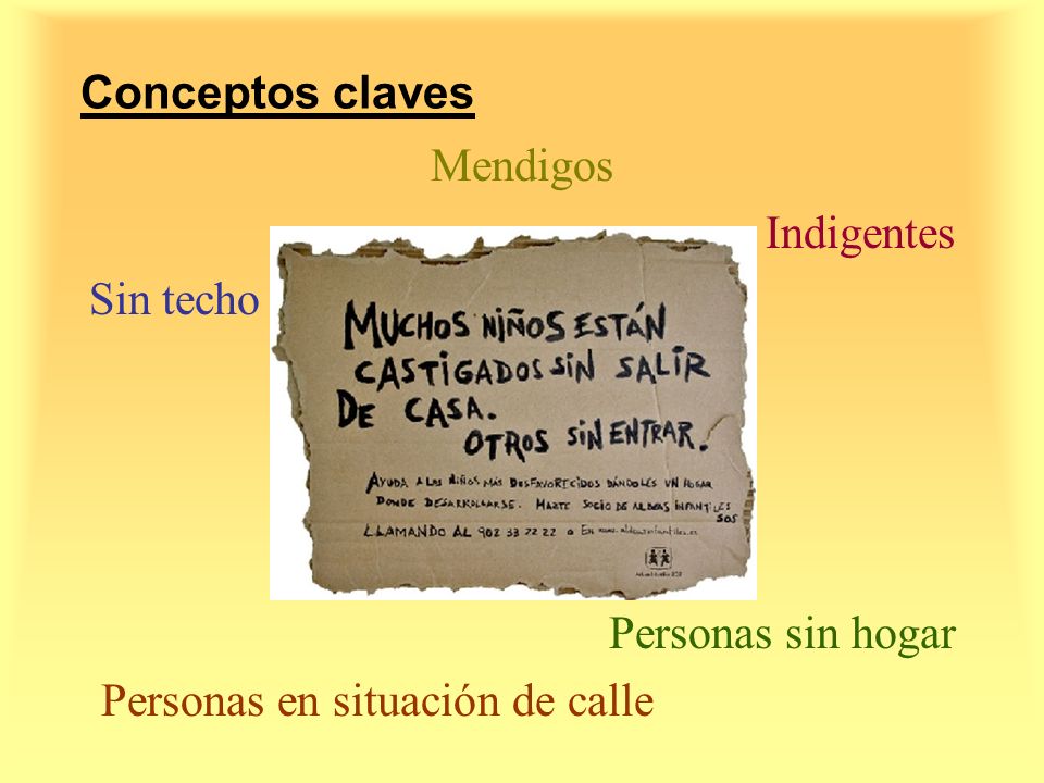 Conceptos claves Mendigos Indigentes Sin techo Personas sin hogar Personas en situación de calle