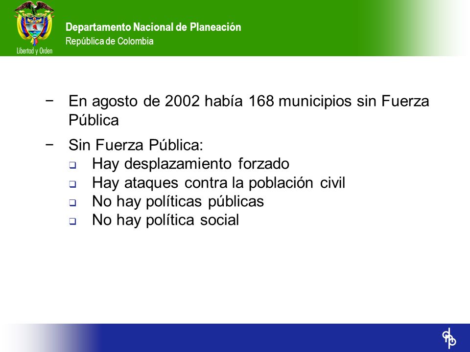 En agosto de 2002 había 168 municipios sin Fuerza Pública