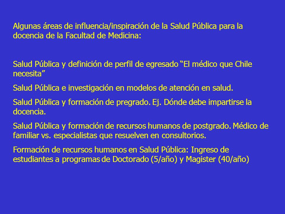 Algunas áreas de influencia/inspiración de la Salud Pública para la docencia de la Facultad de Medicina: