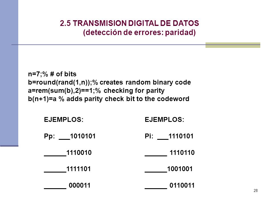 2.5 TRANSMISION DIGITAL DE DATOS (detección de errores: paridad)