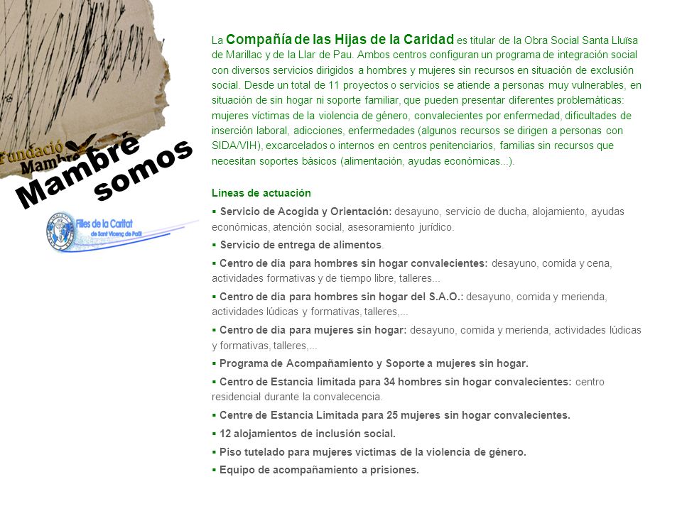La Compañía de las Hijas de la Caridad es titular de la Obra Social Santa Lluïsa de Marillac y de la Llar de Pau. Ambos centros configuran un programa de integración social con diversos servicios dirigidos a hombres y mujeres sin recursos en situación de exclusión social. Desde un total de 11 proyectos o servicios se atiende a personas muy vulnerables, en situación de sin hogar ni soporte familiar, que pueden presentar diferentes problemáticas: mujeres víctimas de la violencia de género, convalecientes por enfermedad, dificultades de inserción laboral, adicciones, enfermedades (algunos recursos se dirigen a personas con SIDA/VIH), excarcelados o internos en centros penitenciarios, familias sin recursos que necesitan soportes básicos (alimentación, ayudas económicas...).