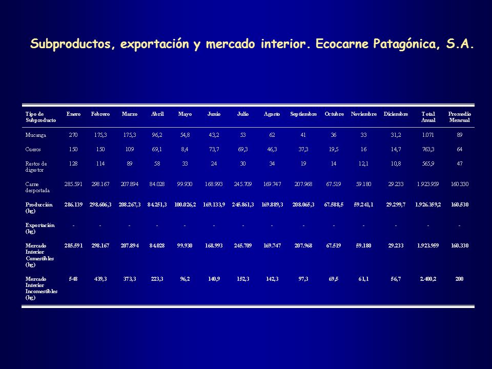 Subproductos, exportación y mercado interior. Ecocarne Patagónica, S.A.
