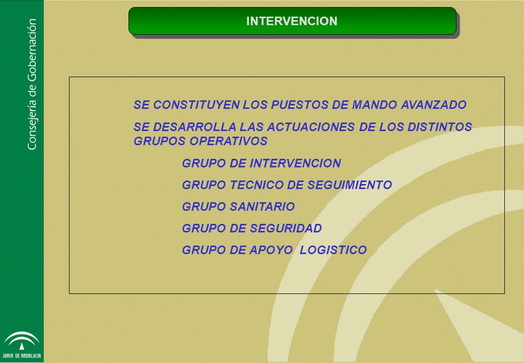 INTERVENCION SE CONSTITUYEN LOS PUESTOS DE MANDO AVANZADO. SE DESARROLLA LAS ACTUACIONES DE LOS DISTINTOS GRUPOS OPERATIVOS.