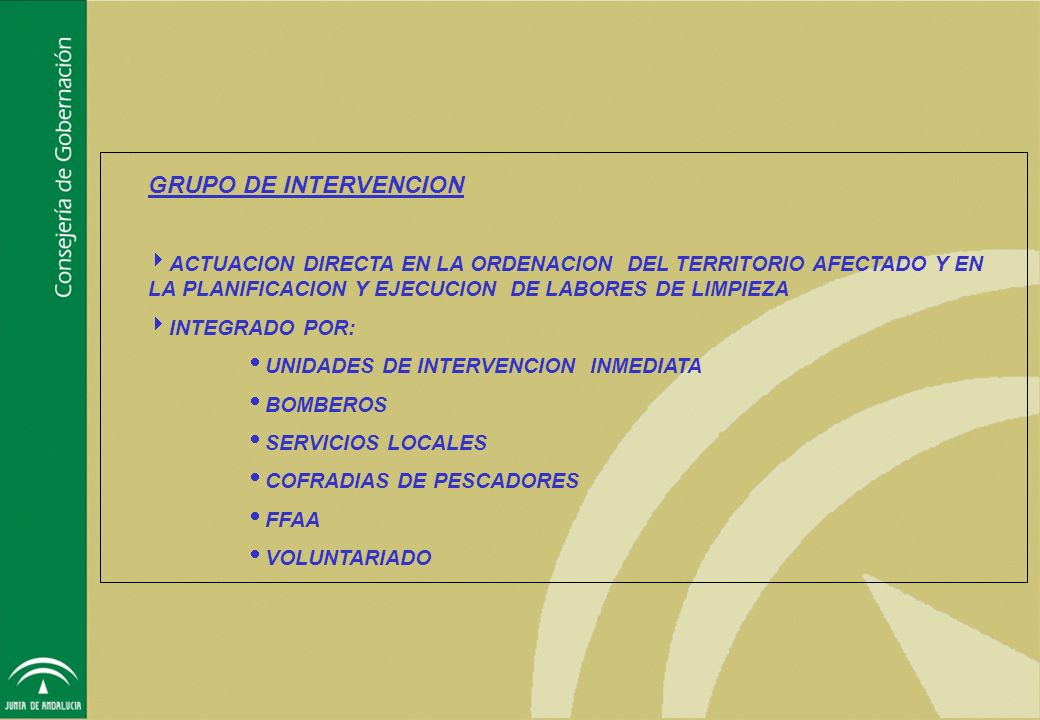 GRUPO DE INTERVENCION ACTUACION DIRECTA EN LA ORDENACION DEL TERRITORIO AFECTADO Y EN LA PLANIFICACION Y EJECUCION DE LABORES DE LIMPIEZA.