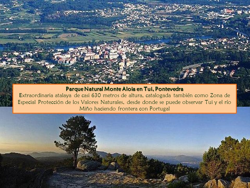 Parque Natural Monte Aloia en Tui, Pontevedra Extraordinaria atalaya de casi 630 metros de altura, catalogada también como Zona de Especial Protección de los Valores Naturales, desde donde se puede observar Tui y el río Miño haciendo frontera con Portugal