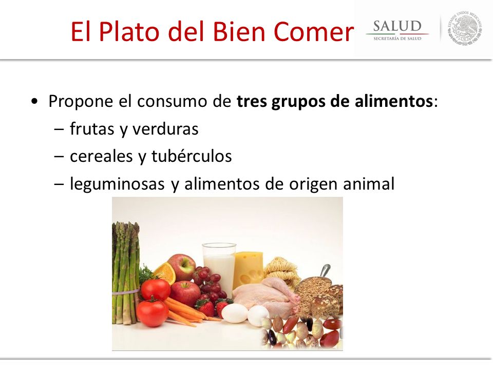El Plato del Bien Comer Propone el consumo de tres grupos de alimentos: frutas y verduras. cereales y tubérculos.
