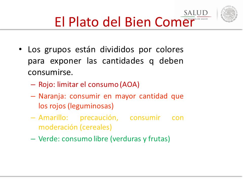 El Plato del Bien Comer Los grupos están divididos por colores para exponer las cantidades q deben consumirse.