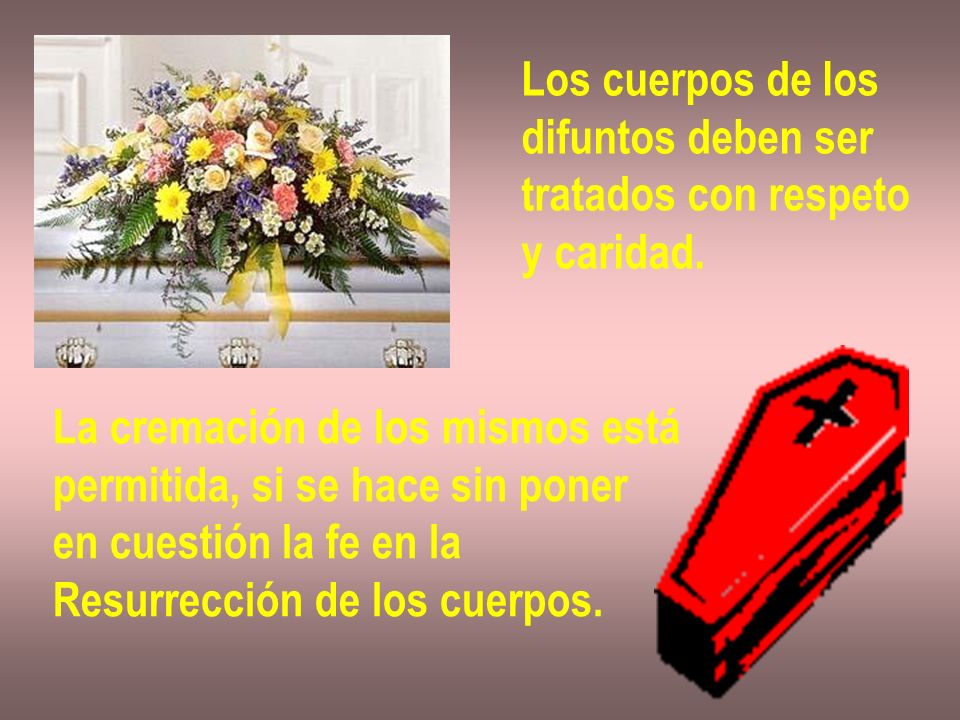 Los cuerpos de los difuntos deben ser. tratados con respeto. y caridad. La cremación de los mismos está.