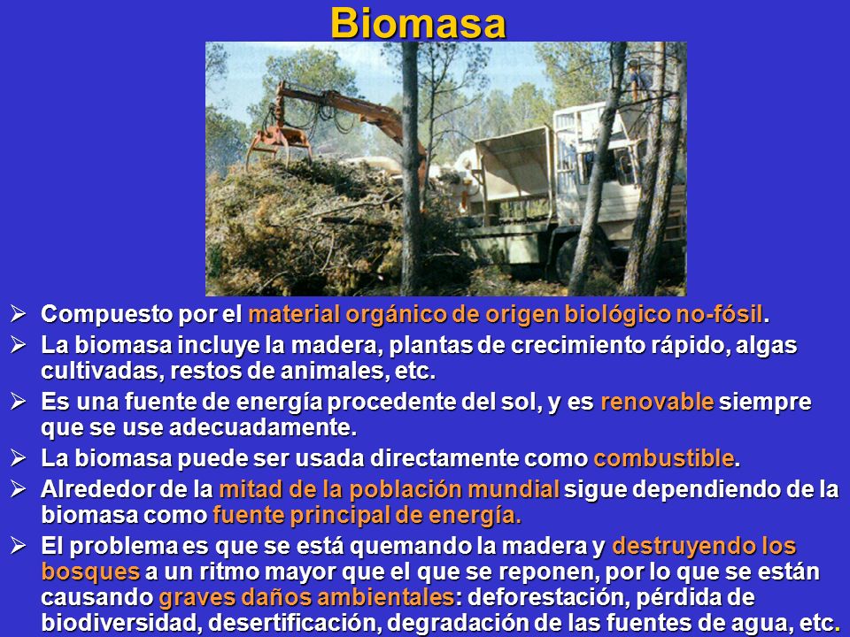 Biomasa Compuesto por el material orgánico de origen biológico no-fósil.