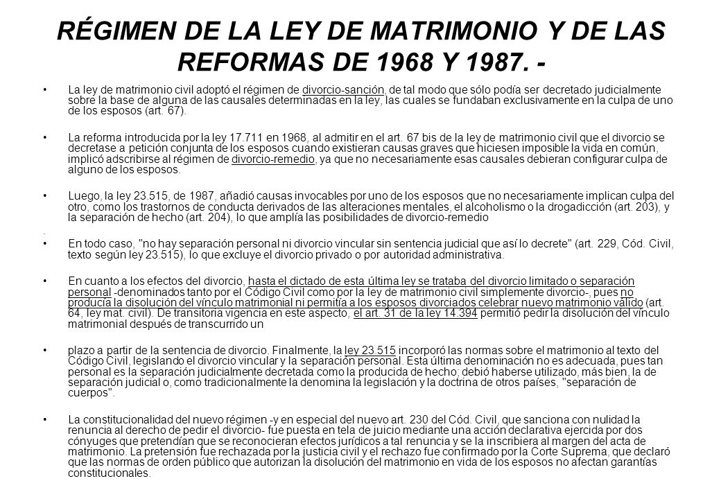 RÉGIMEN DE LA LEY DE MATRIMONIO Y DE LAS REFORMAS DE 1968 Y