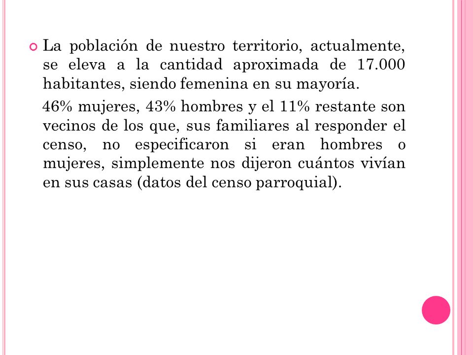 La población de nuestro territorio, actualmente, se eleva a la cantidad aproximada de habitantes, siendo femenina en su mayoría.