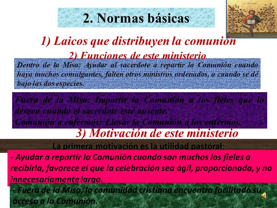 1) Laicos que distribuyen la comunión 2) Funciones de este ministerio